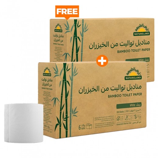Natureland 3 Ply White Bamboo Toilet Paper 300 Sheets 6 Rolls 1 + 1 Free