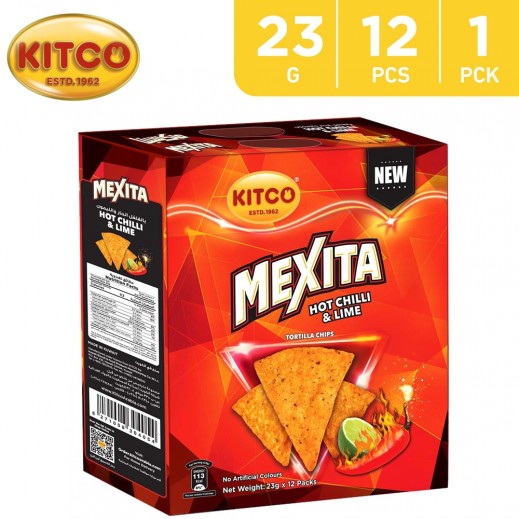 Kitco Mexita Hot Chilli & Lime Tortilla Chips 12 x 23 g - delivered by Taw9eel Fast