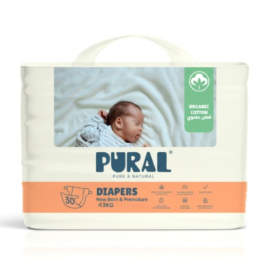 Pural Organic Cotton Newborn & Premature Baby Diapers Up to 3 kg 30 Pcs - delivered by Taw9eel Fast