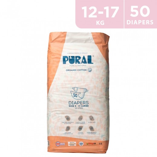Pural Allergy Friendly Organic Cotton Nappies - Size 5 Or Xlarge (12-17) 50 Pieces  - delivered by Taw9eel Fast