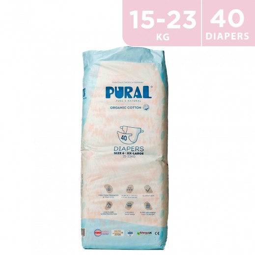 Pural Allergy Friendly Organic Cotton Nappies - Size 6 Or XXlarge (15 - 23 kg) 40 Pieces  - delivered by Taw9eel Fast
