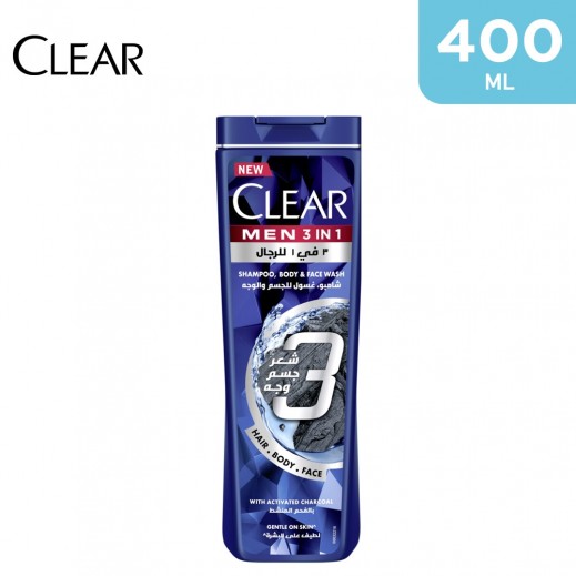 Clear Men 3 In 1 Activated Charcoal Shampoo Body & Face Wash 400 ml - delivered by Taw9eel Fast