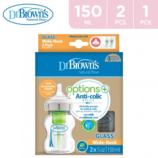 Dr.Brown's A Options+ Glass Wide Neck Anti Colic Baby Bottle 150 ml 2 Pieces - delivered by Taw9eel Fast