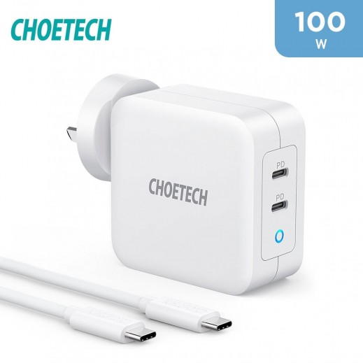 Choetech 100W Wall Charger 2 Ports with Cable 100W Type-C to Type-C - White