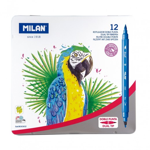 Milan Metal Box Of 12 Double Fine Tip Pens And Brush