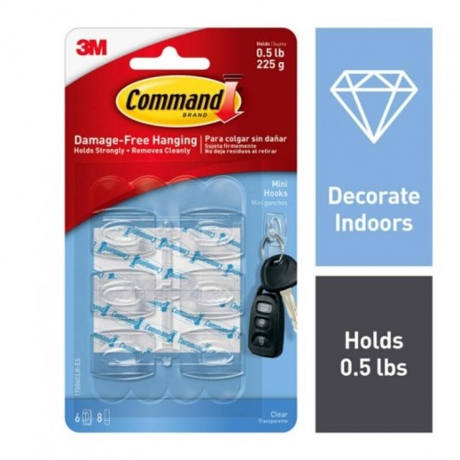 3M Command Mini Plastic Hook Clear 1.08 in. L 6 pk - delivered by Taw9eel within 1 working day 