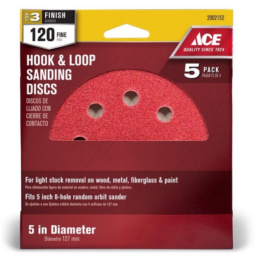 Ace 5 In Aluminum Oxide Hook And Loop Sanding Disc 120 Grit Fine 5 Pk - delivered by Taw9eel within 1 working day 