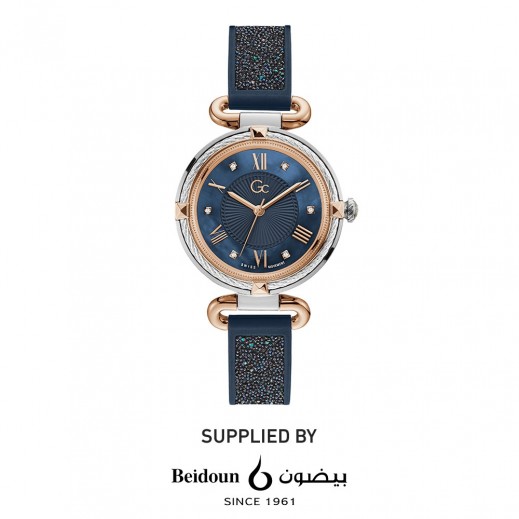 GC Watch Polished Silver & Rose Gold Case + Blue Mother of Pearl Dial Swarovski Crystals + Blue Silicone Strap 36 mm - for Women - delivered by Al Nasaem Cosmetic Co within 24 hours 