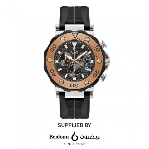GC Watch Silver & Rose Gold Case - Black Chronograph Dial - Black Silicone Strap 44 mm - for Men - delivered by Taw9eel Within 24 Hours 