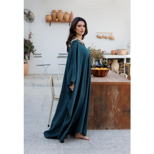 Green Linen Kaftan with Floral Collar - delivered by Thouqi within 2 working days