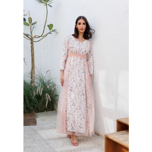 Floral Print Dress with Attached Tulle  - delivered by Thouqi within 2 working days