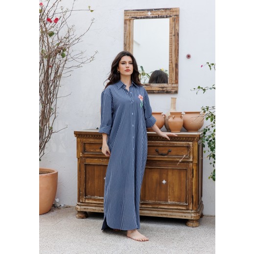 Blue Check Embroidered Shirt Kaftan - delivered by Thouqi within 2 working days
