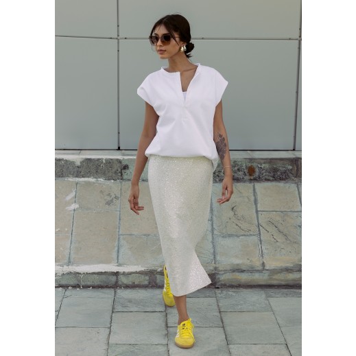 Cream Sequin Side Slit Skirt - delivered by Thouqi within 2 working days
