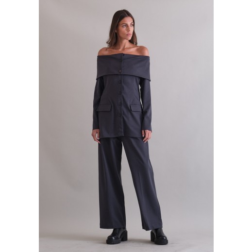 Dark Grey Off-Shoulder Blazer & Pants Set - L