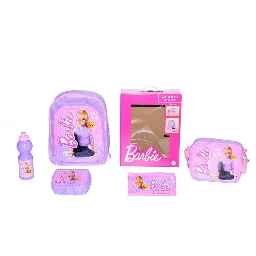 First Kid 5 in 1 Barbie Printed BackPack 14 inch - delivered by Taw9eel within one working day 