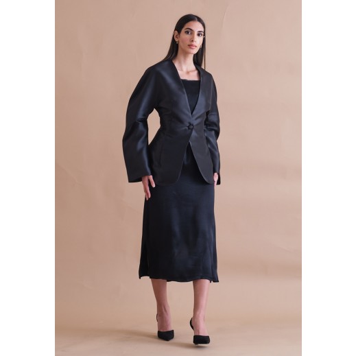 Black Structured Blazer & Silk Dress - delivered by Thouqi within 2 working days