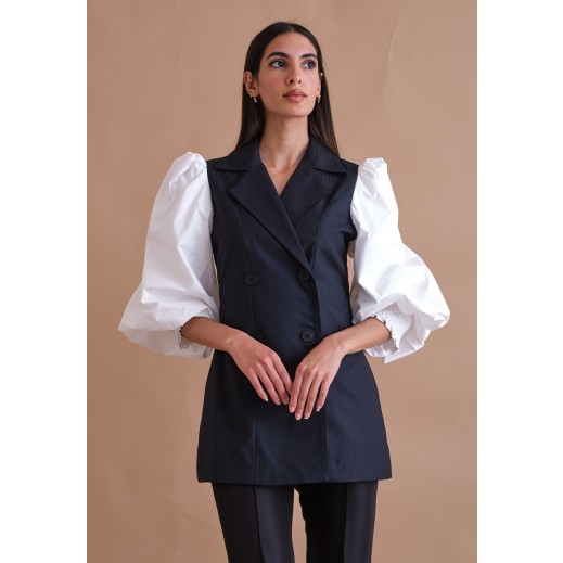 Dark Blue And White Puffed Sleeves Blazer  - delivered by Thouqi within 2 working days