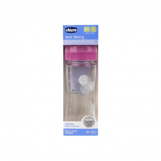 Chicco Well-Being Glass Bottle Bink 240ml (0M+) - delivered by Pharmazone Pharmacy - within 2 Hours