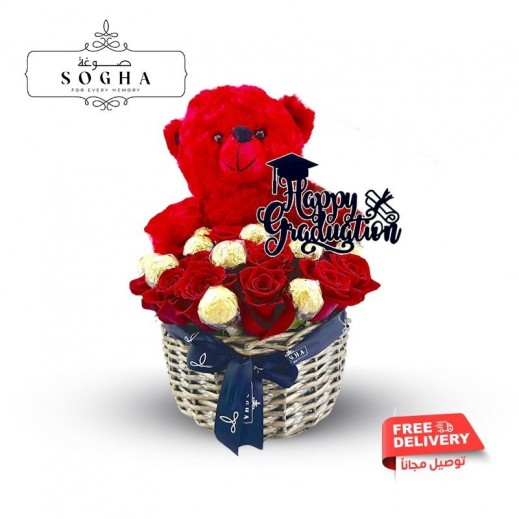 Sogha Basket with 13 Joery Roses and Teddy Bear + Happy Graduation Topper + 10 Ferrero Chocolates - delivered by Delivered by Sogha within 3 hours 