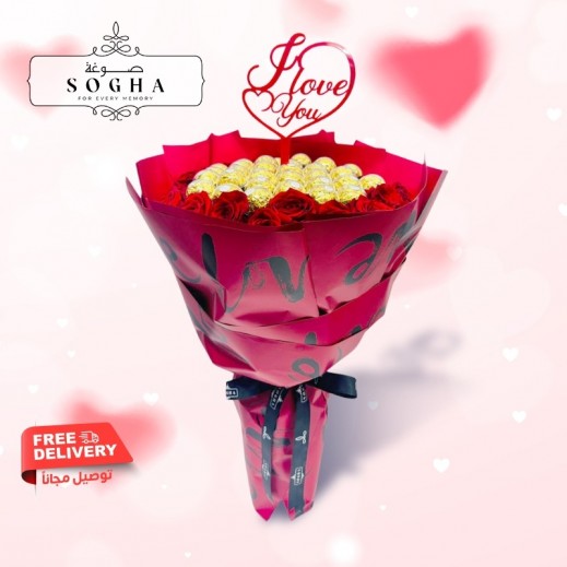 Sogha 20 Roses + 30 Ferrero Chocolates & I Love You Topper - delivered by Delivered by Sogha within 3 hours 