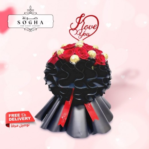 Sogha 15 Roses + 12 Ferrero Chocolate & I love you Topper - delivered by Delivered by Sogha within 3 hours 