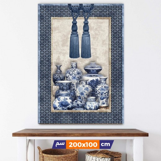 Vivid Canvas Wall Art Tassel With Vases Blue Color - delivered by Taw9eel Within 24 Working Hours