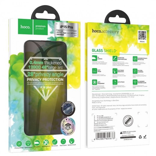 Hoco Tempered Glass 9D Privacy Full Screen for iPhone 15 pro - delivered by Taw9eel Fast