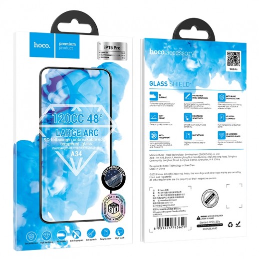 Hoco Tempered Glass 9D Anti-fingerprint Full Screen for iPhone 15 Pro - delivered by Taw9eel Fast