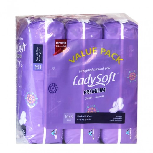 LadySoft Premium Classic Maxi Pads with Wings 3 x 10 Pads