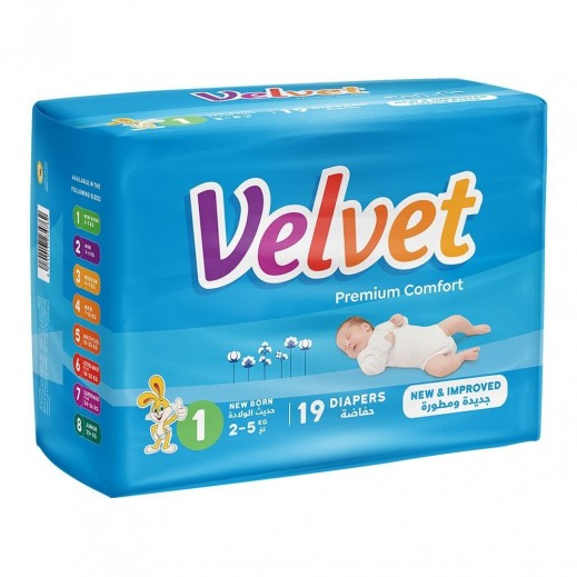 Velvet Premium Comfort Size 1 Newborn Diapers 2-5 kg 19 Pcs - delivered by Taw9eel Fast