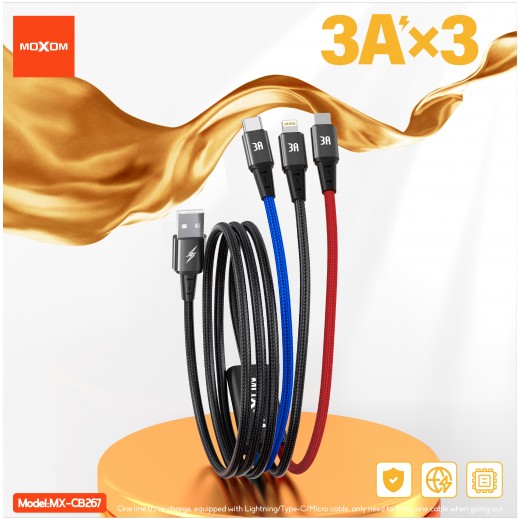 3 in 1 Data Cable Three Color By Moxom - delivered by Taw9eel Fast