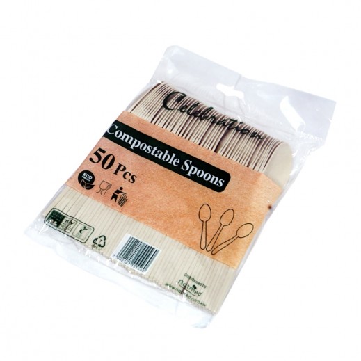 Compostable Disposable Table Spoons By Celebration 50 Pcs - Beige