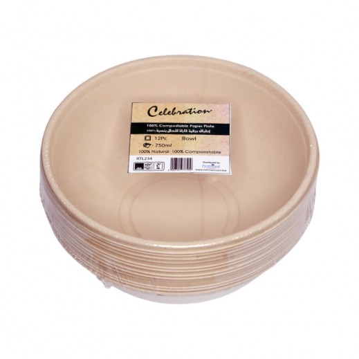 Compostable Disposable Unbleached Pulp Buddha Bowl By Celebration 12 Pcs - 750 ml