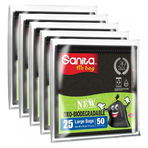 Sanita Large 50 Gallon Biodegradable Tie Garbage Bags 5 x 25 Pcs