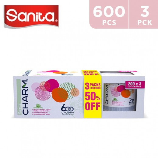 Sanita Charm 100% Cotton Buds - 600 (200 x 2+1) Buds - delivered by Taw9eel Fast