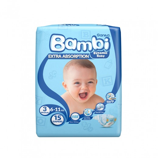 Sanita Bambi Baby Diapers Stage 3 Medium ( 6-11kg ) - 15 Diapers - delivered by Taw9eel Fast