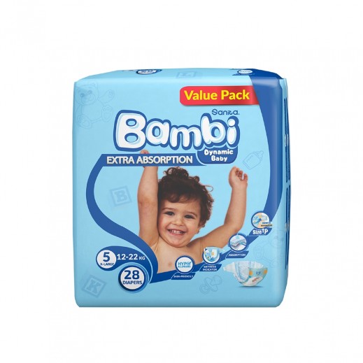 Sanita Bambi Baby Diapers Stage 5 XLarge Plus ( 12-22 kg) - 28 Diapers - delivered by Taw9eel Fast