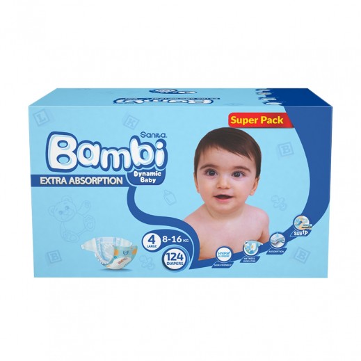 Sanita Bambi Baby Diapers Stage 4 Large ( 8-16 kg) - 124 Diapers - delivered by Taw9eel Fast