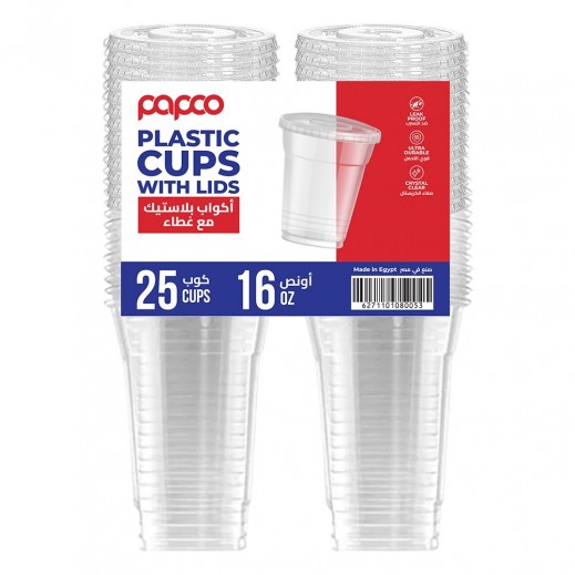 Papco Clear Plastic Cups with Lids 16 Oz 25 Pcs