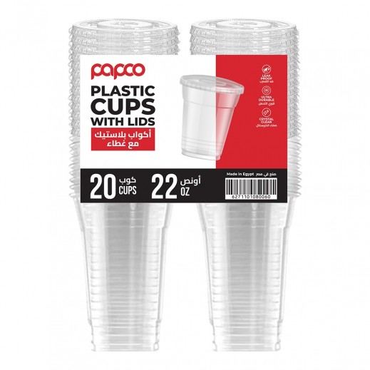 Papco Clear Plastic Cups with Lids 22 Oz (20 Cups)
