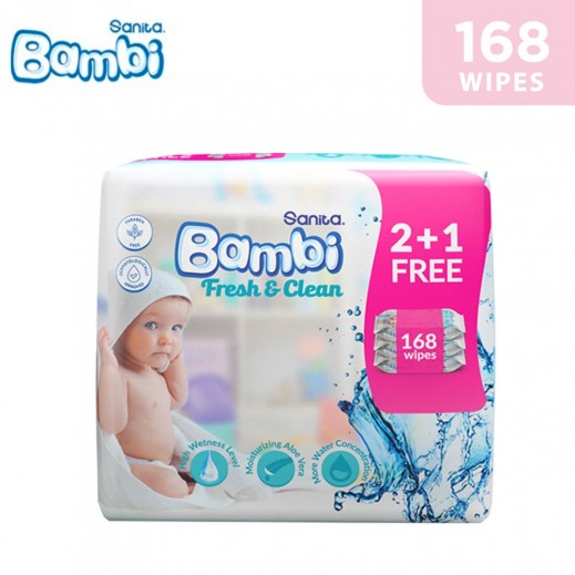 Sanita Bambi Fresh & Clean Wet Wipes 56 Wipes ( 2+1Free) - delivered by Taw9eel Fast