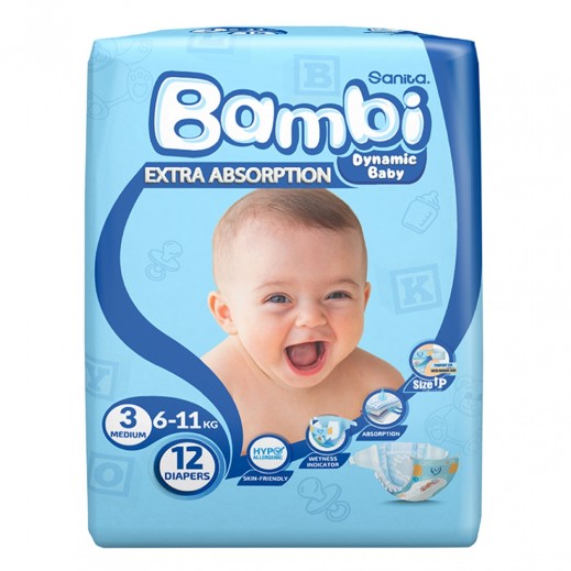 Sanita Bambi Baby Diapers Size 3 Medium From 6 to 11Kg - 84 Diapers