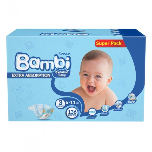 Sanita Bambi Baby Diapers Size 3 Medium From 6 to 11Kg - 136 Diapers
