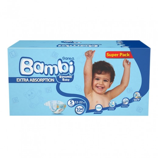 Sanita Bambi Baby Diapers Size 5 XLarge From 12 to 22Kg - 104 Diapers