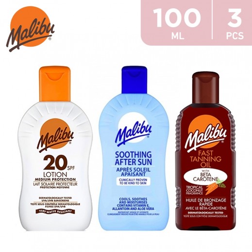 Malibu Sun Care Set of 3: Sunscreen SPF20 100 ml + Lotion 100 ml + Tanning Oil 100 ml - delivered by Taw9eel Fast
