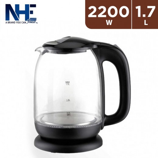 NHE 2200 W Glass Kettle 1.7 L  - Black - delivered by Taw9eel Fast