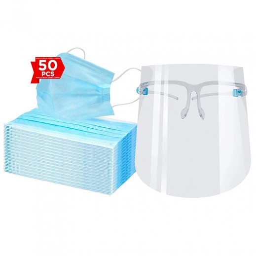 Disposable Face Mask 3 Ply 50 Pieces + Face Shield Pro With Eye Frame