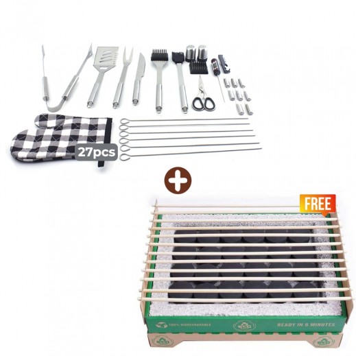 Kashta 27 Pieces Stainless Steel BBQ Grill Tools + Eco Grill Disposable Grill With 100% Organic Charcoal Free