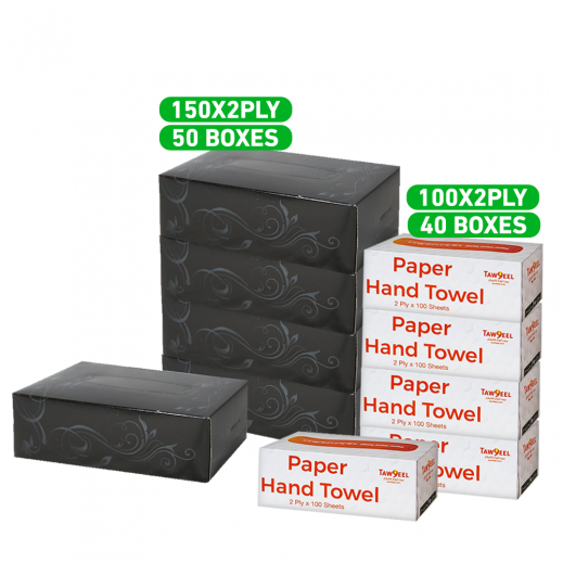Taw9eel Essentials Premium Hand Towel 100 x 2 Ply ( 40 Pieces ) Taw9eel Essentials Facial Tissues Black 150 x 2 Ply - 50 Pieces