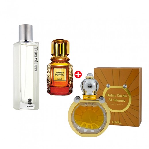 Ajmal Amber Poivre For Unisex EDP 100 ml + Dahn Oudh Al Shams For Unsiex EDP 30 ml+ Titanium EDP For Men 100 ml